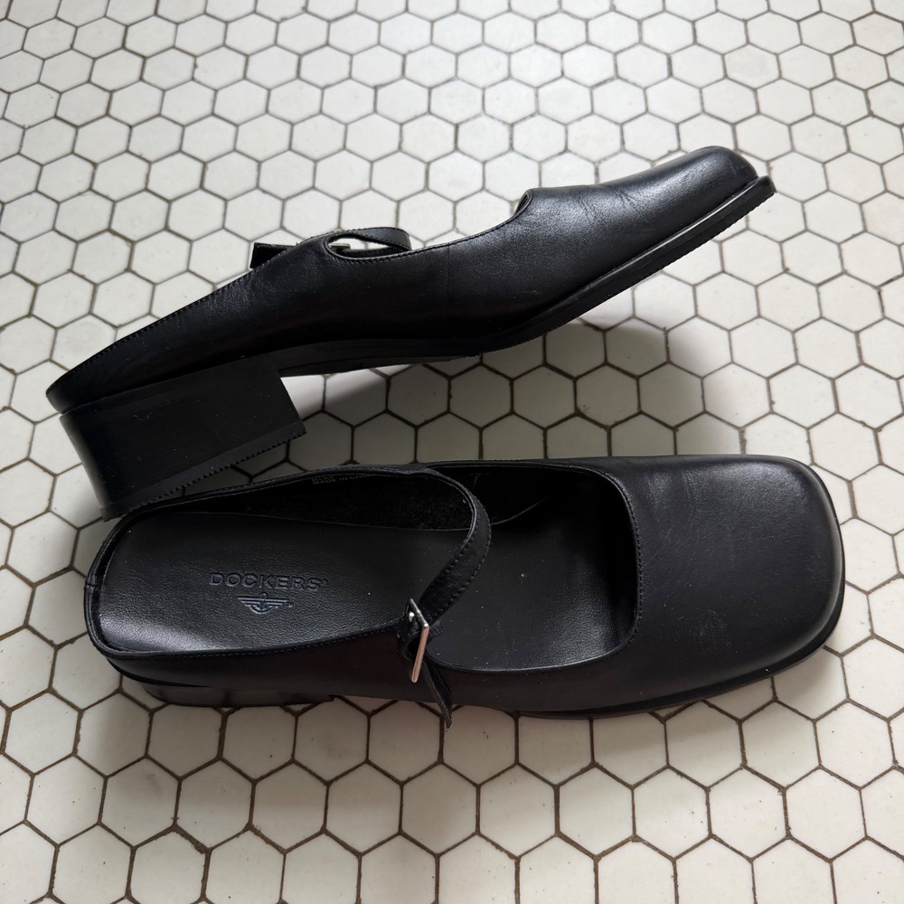 Dockers Mary Jane Mules Black Leather Square Toe Block Heel Vintage 90s 8.5